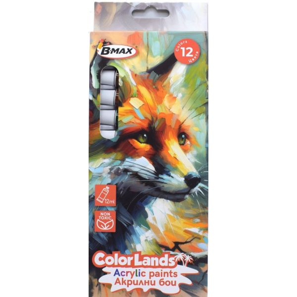 Акрилни бои B-Max Color Lands, 12 цвята x 12 ml